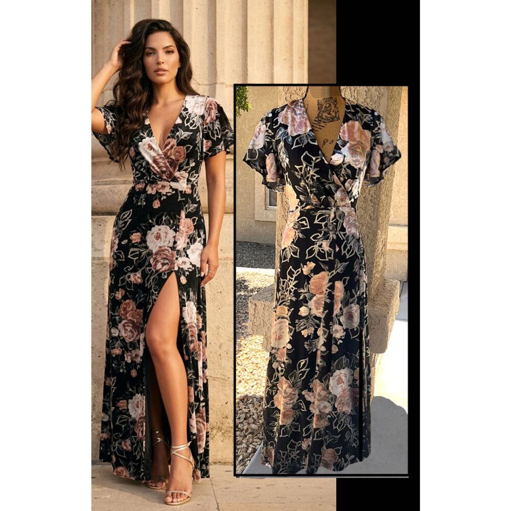 Lulus Black Velvet Floral Glittering Gold Open Tie-Back Maxi Dress Size XL